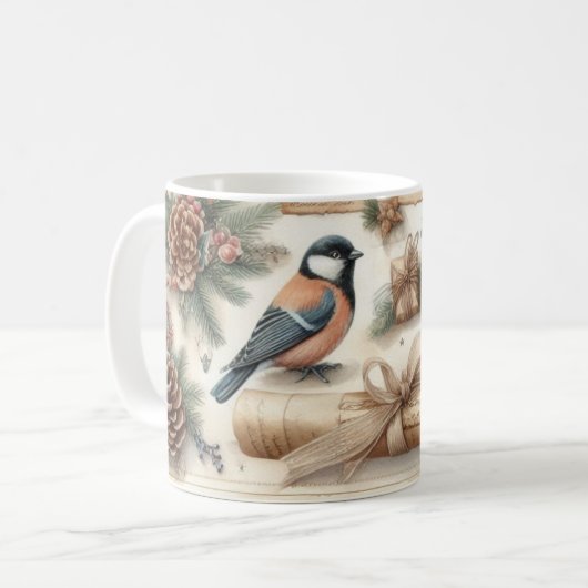 Winter Robin & Scroll: Vintage Christmas Mug コーヒーマグカップ (正面左)