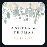 Winter Roses White Gold Floral Wedding  スクエアシール<br><div class="desc">Designed to coordinate with our Winter Roses wedding collection. This customizable wedding favor label/sticker,  features watercolor white roses and greenery with modern typography in black and gold. Matching items available.</div>
