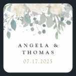 Winter Roses White Gold Floral Wedding  スクエアシール<br><div class="desc">Designed to coordinate with our Winter Roses wedding collection. This customizable wedding favor label/sticker,  features watercolor white roses and greenery with modern typography in black and gold. Matching items available.</div>