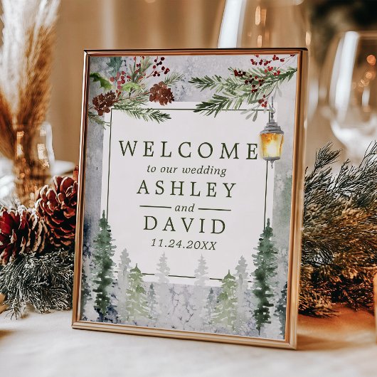 Winter Rustic Pine Trees Lantern Wedding Welcome ポスター