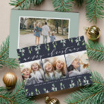 Winter Sage Photo数々の Holiday Card、バックフォト付き シーズンカード<br><div class="desc">ホリエレガントーの写真カー縁どドは、豊かな真夜中の青い背景に淡い色の緑の手のスケッチ葉を特徴とする。正方形の写真を3枚お気に入りの並べて追加する。シックな書道レタリングの上に「メリークリスマス」モダンが登場。あなたのの挨拶カスタムと下に沿った名前でパーソナライズ。背面に写真と個人のメッセージを追加。</div>