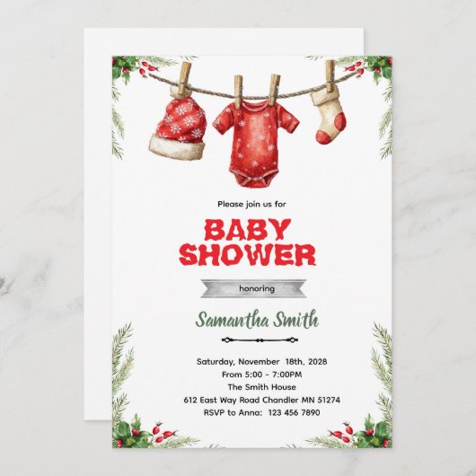 Winter santa baby shower invitation 招待状 (正面/裏面)
