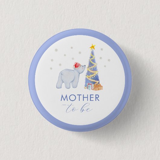 Winter Santa Polar Bear Mother To Be Baby Shower  缶バッジ (正面)