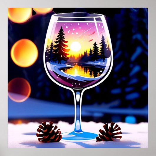 Winter Scene In Wine Glass for Cozy Decor🍷❄️ ポスター (正面)