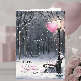 Winter Scene Pink Heart Balloon Valentine's Day カード