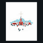 Winter Scene with a Red Church and Christmas Star ポスター<br><div class="desc">A poster with a digital image of a painted illustration of a red church and steeple. A bright Christmas star shining overhead. Families out in front arriving for a church service. Winter snow covers the ground and rests on cute bushy pine trees.</div>