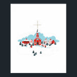 Winter Scene with a Red Church and Christmas Star ポスター<br><div class="desc">A poster with a digital image of a painted illustration of a red church and steeple. A bright Christmas star shining overhead. Families out in front arriving for a church service. Winter snow covers the ground and rests on cute bushy pine trees.</div>