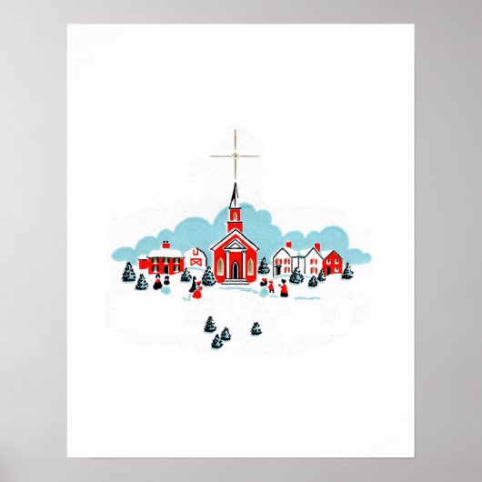 Winter Scene with a Red Church and Christmas Star ポスター (正面)