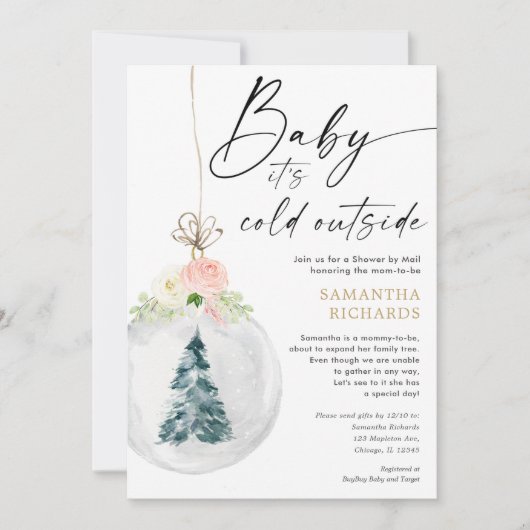 Winter Shower by Mailピンクの金ゴールド女の子の赤ちゃんシャワー 招待状 (正面)