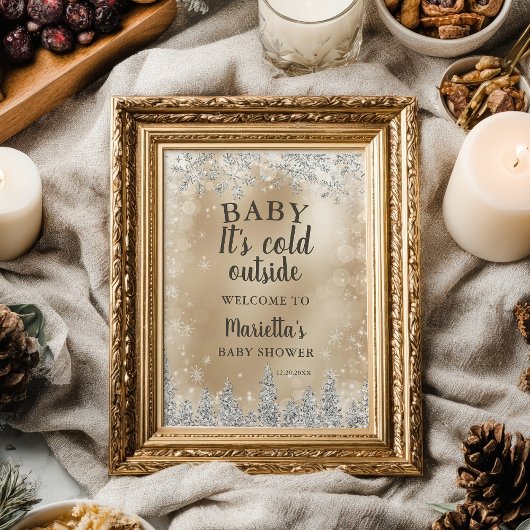 Winter silver snow pine gold welcome baby shower ポスター