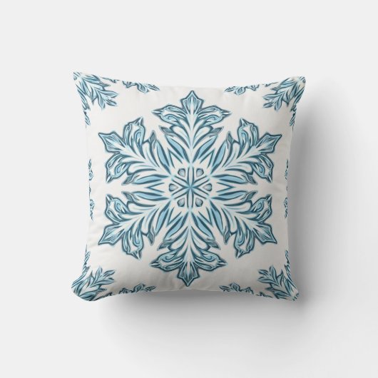 Winter Sky Blue Snowflake Pillow Cushion クッション (正面)