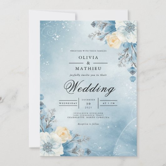 Winter Sky Floral Flourish Wedding 招待状 (正面)