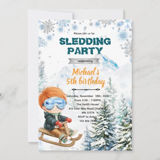 Winter Sledding party theme invitation 招待状 (正面)