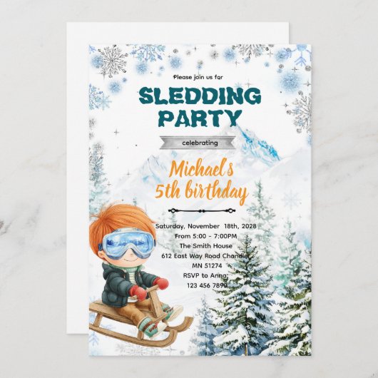 Winter Sledding party theme invitation 招待状 (正面/裏面)
