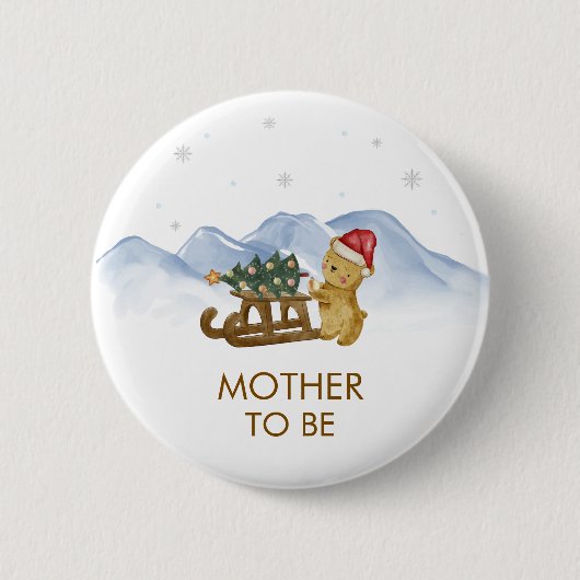 Winter Sleigh Bear Mother To Be Baby Shower 缶バッジ (正面)