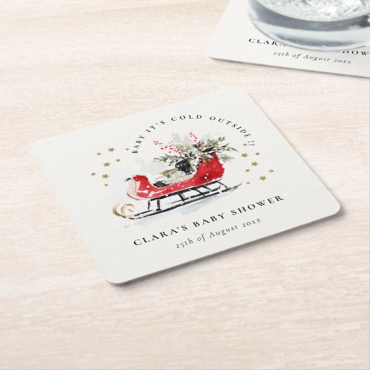 Winter Sleigh Its Cold Outside Neutral Baby Shower スクエアペーパーコースター (アングル)