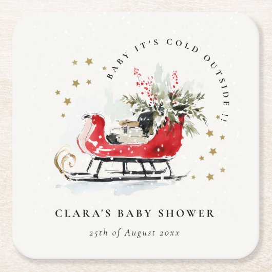 Winter Sleigh Its Cold Outside Neutral Baby Shower スクエアペーパーコースター (正面)