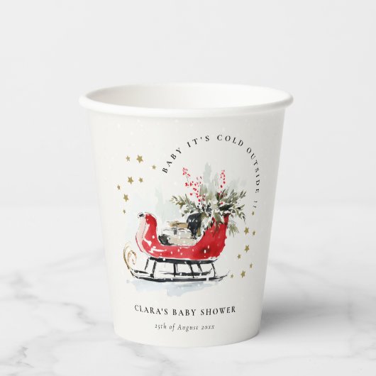 Winter Sleigh Its Cold Outside Neutral Baby Shower 紙コップ (正面)