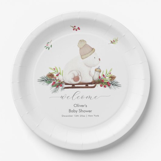 Winter Sleigh Polar Bear Baby Shower Welcome  ペーパープレート (正面)