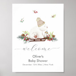 Winter Sleigh Polar Bear Baby Shower Welcome ポスター