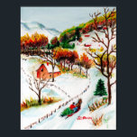 Winter Sleigh Ride Mountain Christmas Watercolor ポスター<br><div class="desc">In "Winter Sleigh Ride, " a man brings home the Christmas tree by horse-drawn sleigh in this quaint country winter scene. The snow covered road leads up through the mountain dotted with homes, colorful trees, and a church. Colors of red, orange, yellow, brown, and touches of green contrast with the...</div>