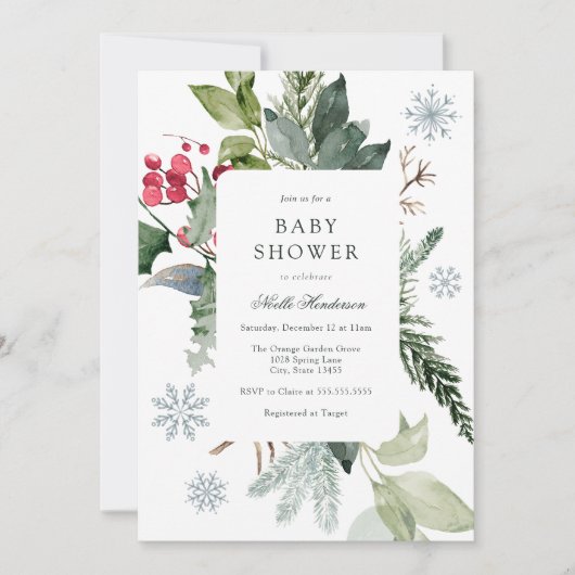 Winter Snow and Evergreen Baby Shower  招待状 (正面)