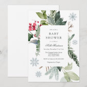Winter Snow and Evergreen Baby Shower  招待状 (正面/裏面)