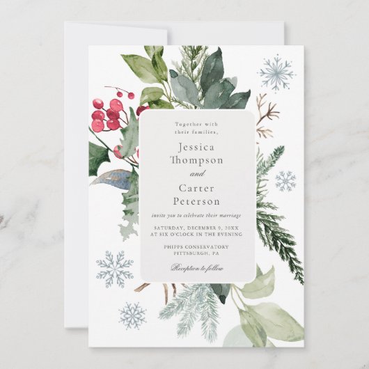 Winter Snow and Evergreen Wedding  招待状 (正面)