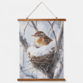 Winter Snow Bird Wren in Tree Nest Nature Art 吊り下げ型タペストリー (正面)