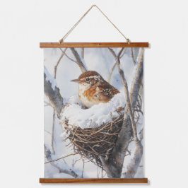 Winter Snow Bird Wren in Tree Nest Nature Art 吊り下げ型タペストリー
