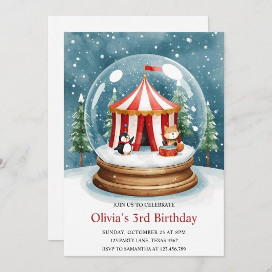 Winter Snow Globe Circus Birthday 招待状 (正面/裏面)