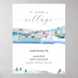 Winter Snow It Takes A Village Baby Shower Welcome ポスター
