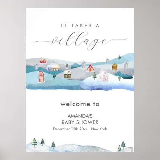 Winter Snow It Takes A Village Baby Shower Welcome ポスター (正面)