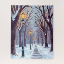 Winter Snow Park Street Lamps City Watercolor ジグソーパズル