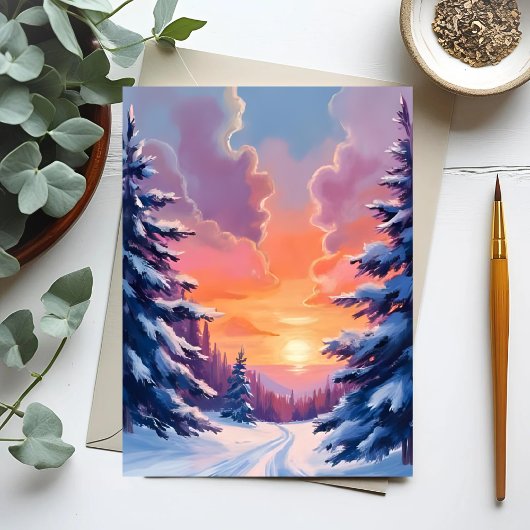 Winter Snow Sunset | Watercolor Landscape Painting ポストカード