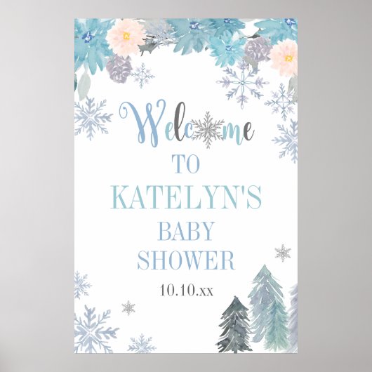 Winter Snowflake Baby Shower Welcome Sign Blue ポスター (正面)