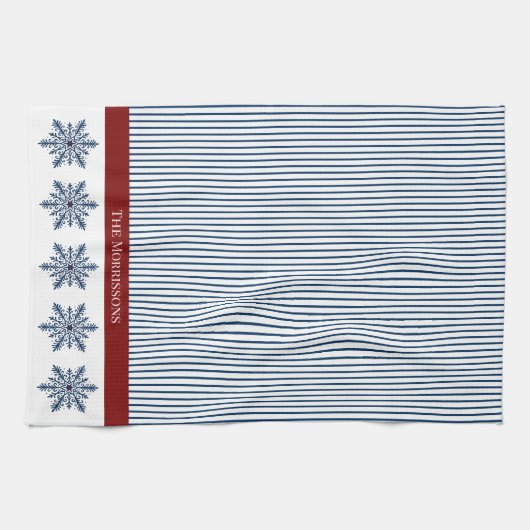 Winter Snowflake Decor with Stripes and Red Accent キッチンタオル (横)