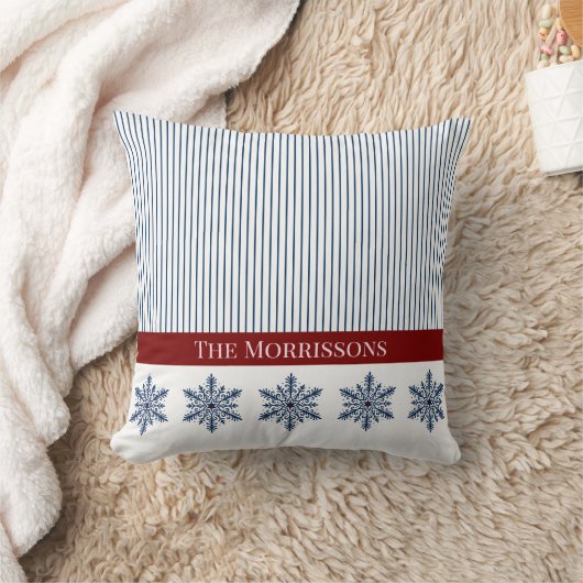 Winter Snowflake Decor with Stripes and Red Accent クッション (ブランケット)