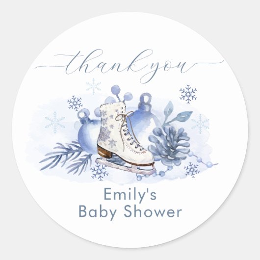 Winter Snowflake Ice Skate Baby Shower ラウンドシール (正面)