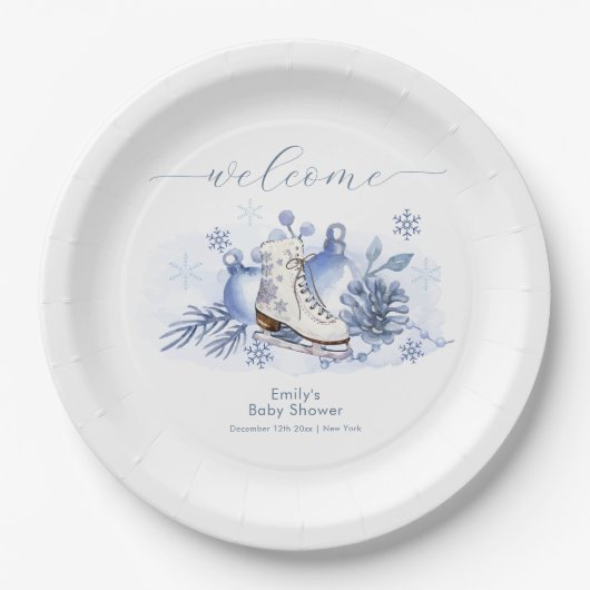 Winter Snowflake Ice Skate Baby Shower Welcome ペーパープレート (正面)