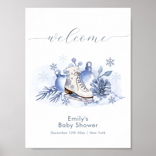 Winter Snowflake Ice Skate Baby Shower Welcome ポスター (正面)