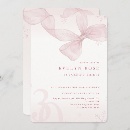 Winter Snowflake Pink Bow 30th Birthday Party 招待状 (正面/裏面)