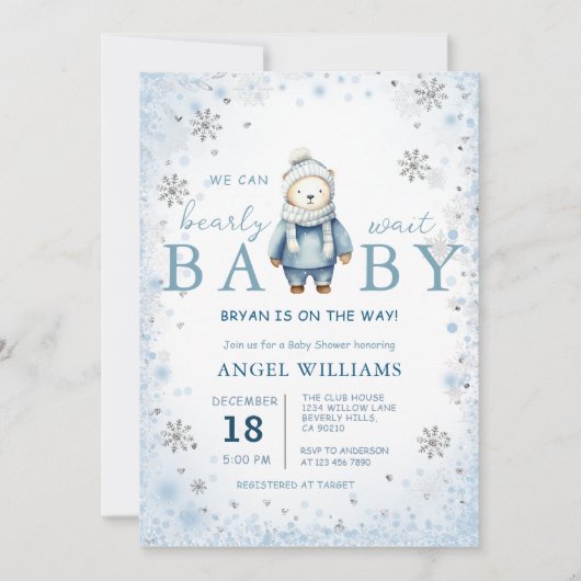  Winter Snowflake We Can Bearly Wait Baby Shower 招待状 (正面)