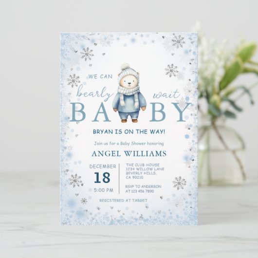  Winter Snowflake We Can Bearly Wait Baby Shower 招待状 (スタンド正面)