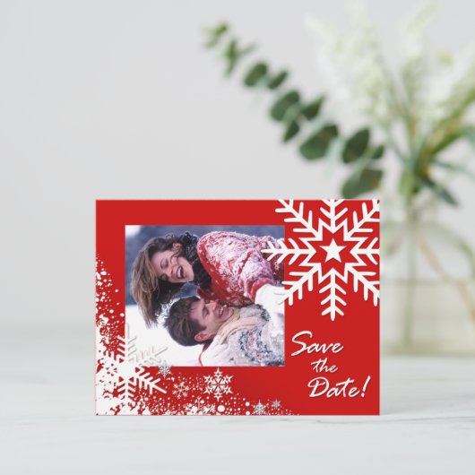 Winter Snowflakes日付を保存（赤）写真 案内ポストカード (スタンド正面)