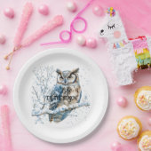 Winter Snowflakes Blue Owl Christmas Snow ペーパープレート (パーティー)