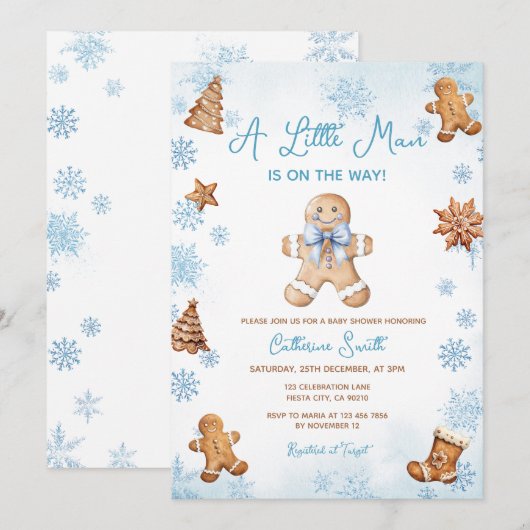 Winter Snowflakes Gingerbread Baby Shower 招待状 (正面/裏面)