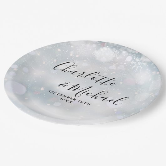 Winter Snowflakes Signature 結婚 Script's ペーパープレート (アングル)