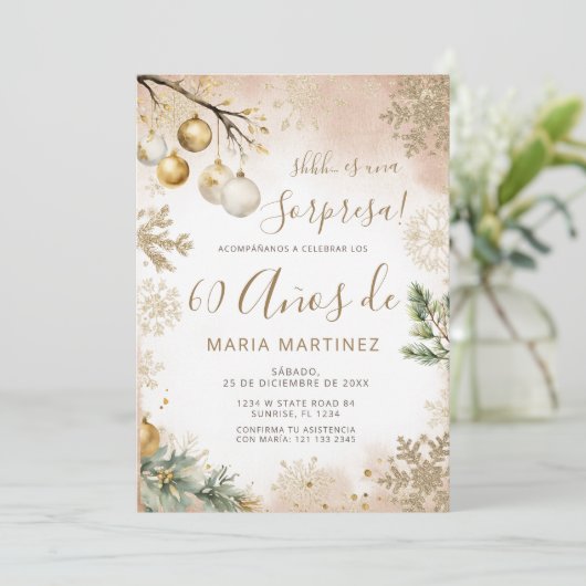 Winter Snowflakes Spanish Sorpresa 60th Birthday 招待状 (スタンド正面)