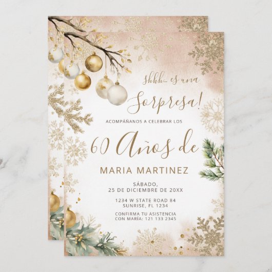 Winter Snowflakes Spanish Sorpresa 60th Birthday 招待状 (正面/裏面)